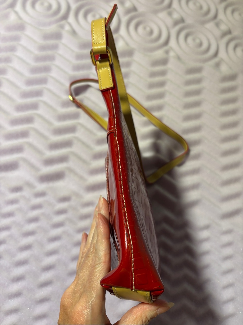 Italian Arcadia Red Patent Crossbody Bag with Contrast Strap - Picture 11 of 15